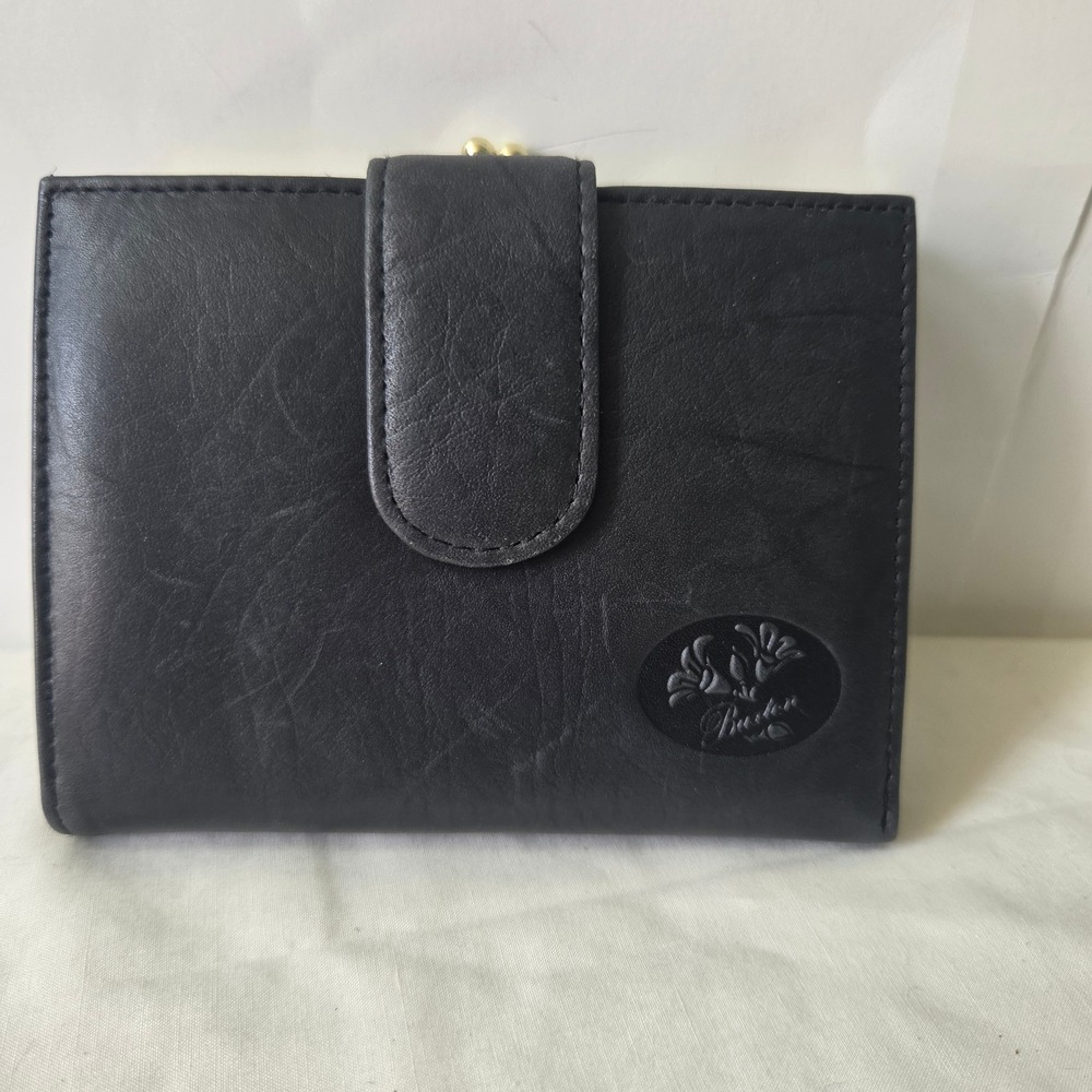 Buxton Women Black Genuine Leather Trifold Wallet Kiss Lock Coin Purse Vintage